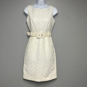 Banana Republic Retro LWD Belted Lined‎ Embossed White Bridal Sheath Dress Sz 0